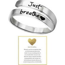 (One Size, Silver) Just Breathe Ring for Women, Adjustable Heart Ring, Stainless Steel Spiral Wrap Healing Rings, Inspirational & Heart felt Gift