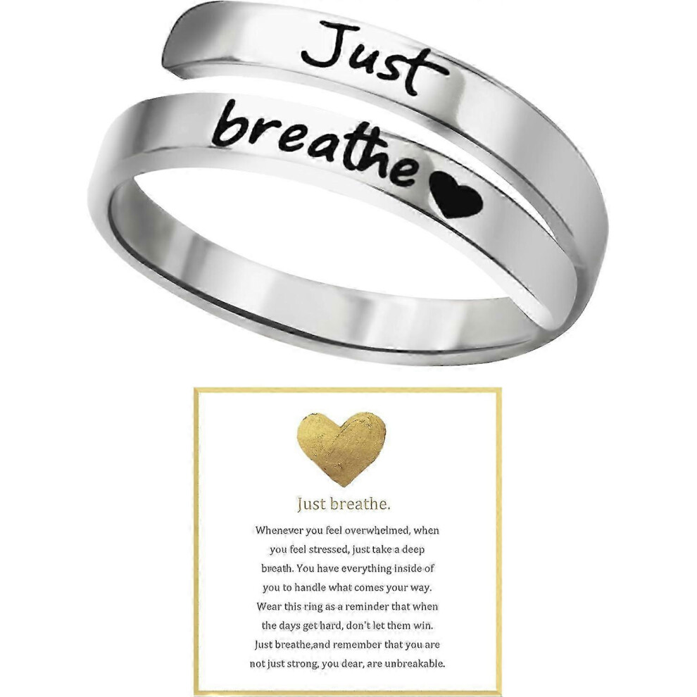 (One Size, Silver) Just Breathe Ring for Women, Adjustable Heart Ring, Stainless Steel Spiral Wrap Healing Rings, Inspirational & Heart felt Gift