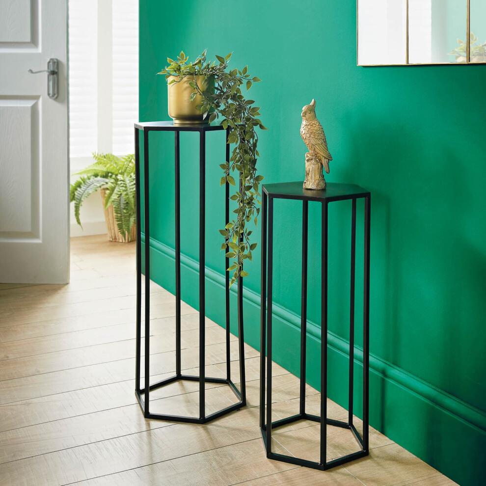 Set of 2 Plant Stands Tall Black Iron Modern Elevated Planters