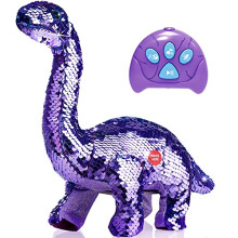 Remote Control Reversible Sequins Dinosaur Toy for 2 Years Old & Up Girls Boys RC Dino Can Repeat & Walk & Roar& Sing Christmas Birthday Gifts for T