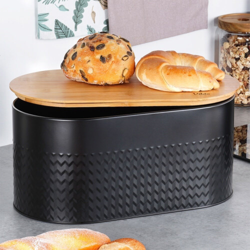Geräumiger schwarzer Brotkasten mit Holzdeckel und Schneidebrett 1