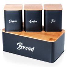 Schwarzes Küchenbehälter-Set mit Bambusdeckel und Brotkasten