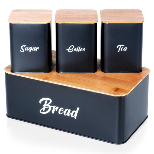 Schwarzes Küchenbehälter-Set mit Bambusdeckel und Brotkasten