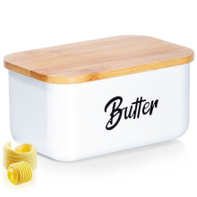 Butterwechsel aus weißem Stahl mit Bambusdeckel und Butter-Text