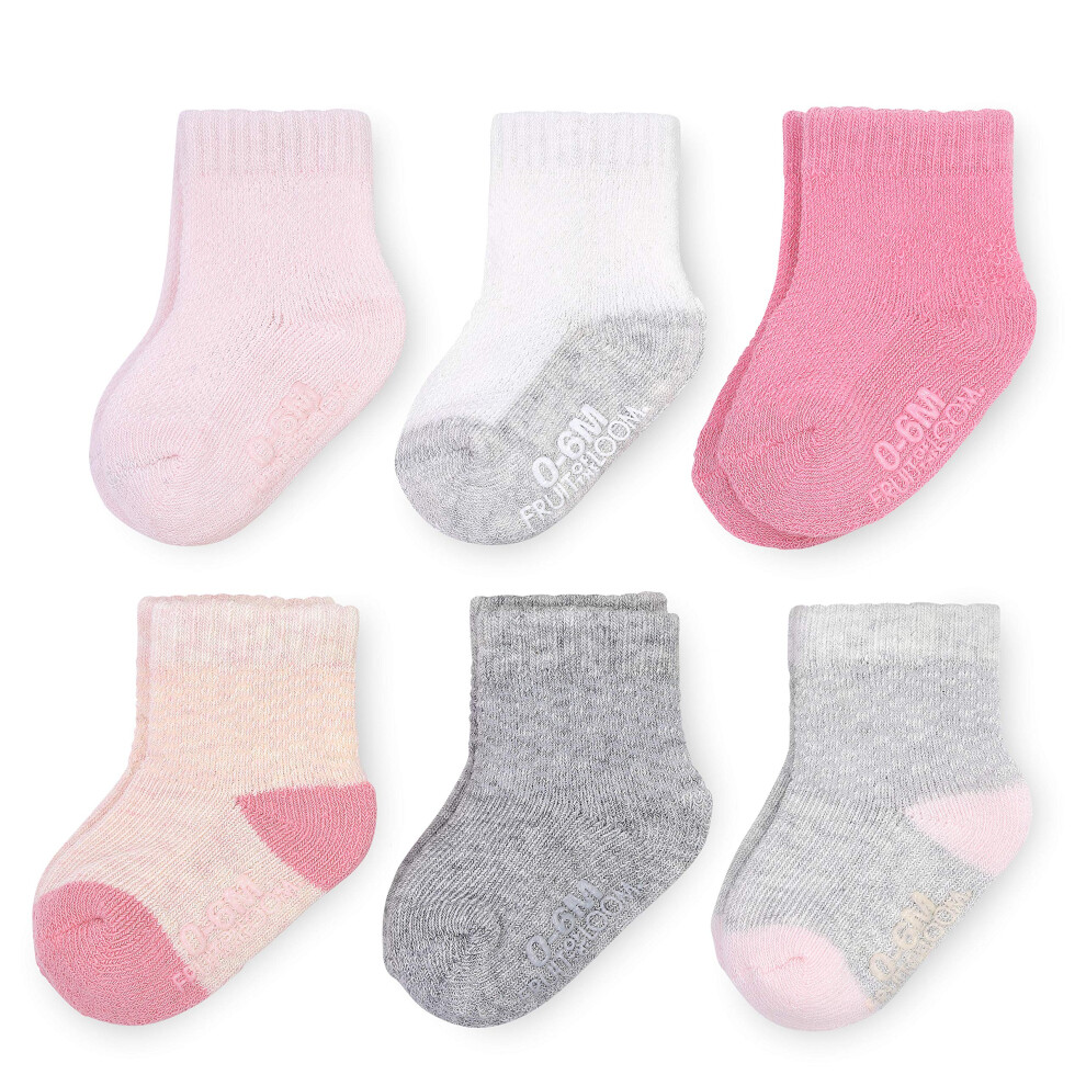 Fruit of the Loom Baby 6-Pack All Weather Crew-Length Socks  Mesh & Thermal Stretch - Unisex  Girls  Boys (6-12 Months  Pink)