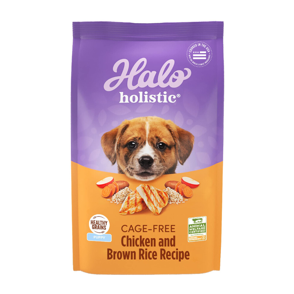 Halo Holistic Dog Food  Complete Digestive Health Cage-Free Chicken and Brown Rice Recipe  Dry Dog Food Bag  Puppy Formula  3.5-lb Bag