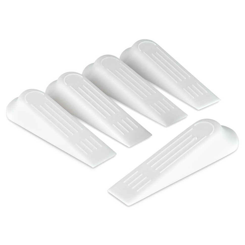 Set of 5 white plastic door stops, protects doors and floors