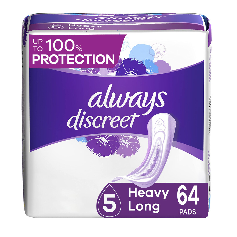 Always Discreet  Incontinence & Postpartum Pads for Women  Size 5  Heavy Absorbency  Long Length  32 Count x 2 Pack (64 Count total)