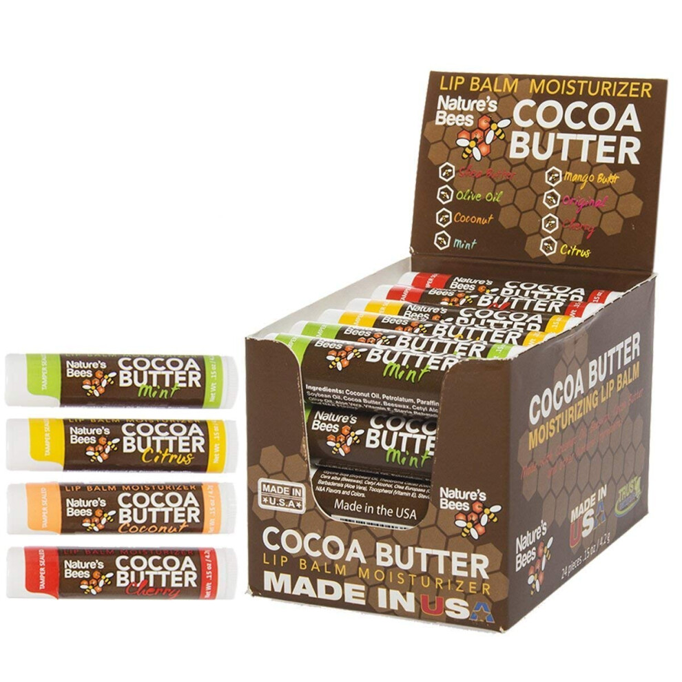 Natures Bees 24 Pack cocoa Butter Lip Balm Tubes Moisturizer chap Treatment (Tropical 4 Flavors  6 of Each)