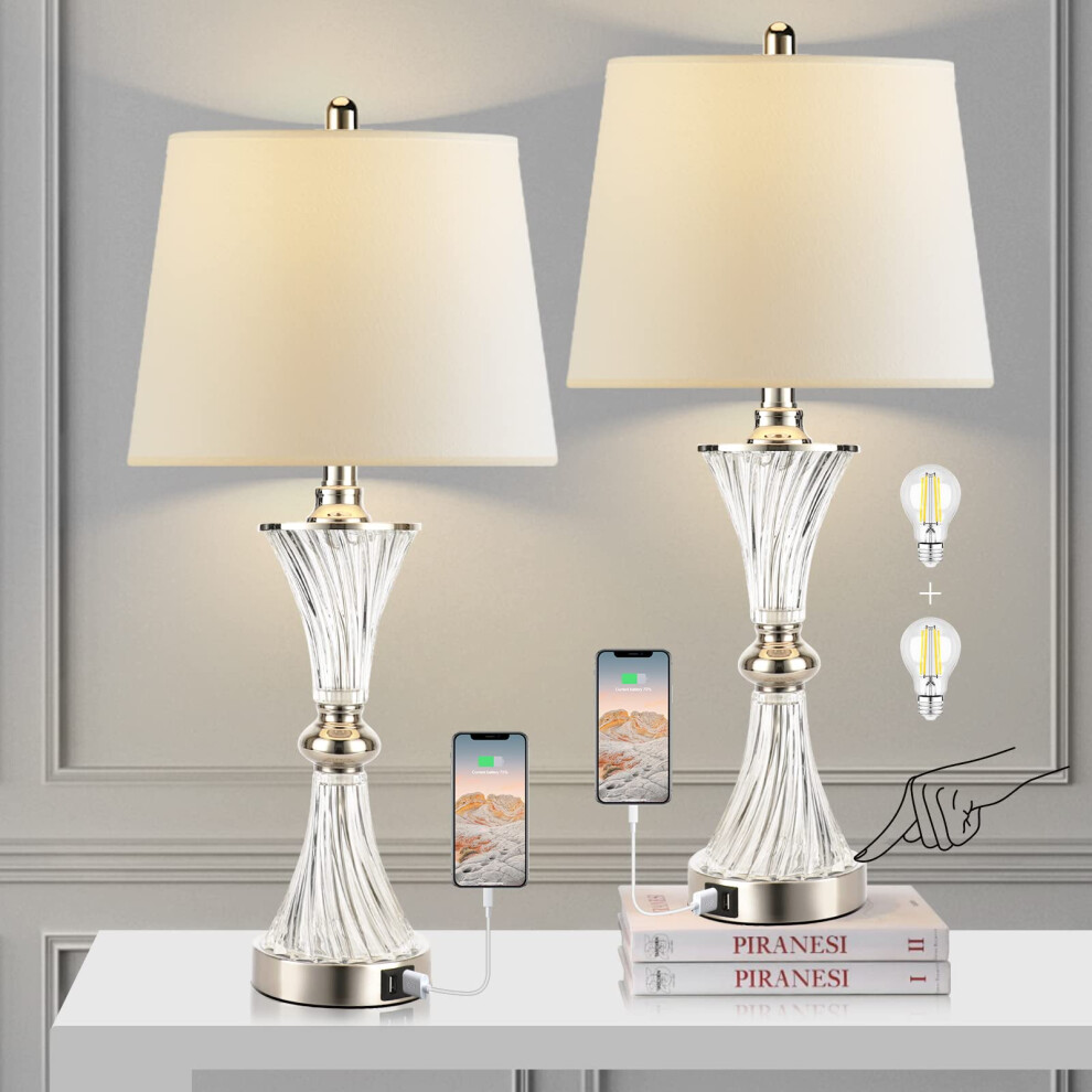 Photos - Floodlight / Street Light Touch Control Table Lamp for Bedrooms 3 Way Dimmable White Drum Shade Modern Bedsides Nightstand lamp Set of 2 with 2 USB Ch