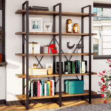 IRONCK Industrial Bookshelf and Bookcase Double Wide 5 Tier  Large Open Shelves  Wood and Metal Bookshelves for Home Office Furniture  Easy Assembly