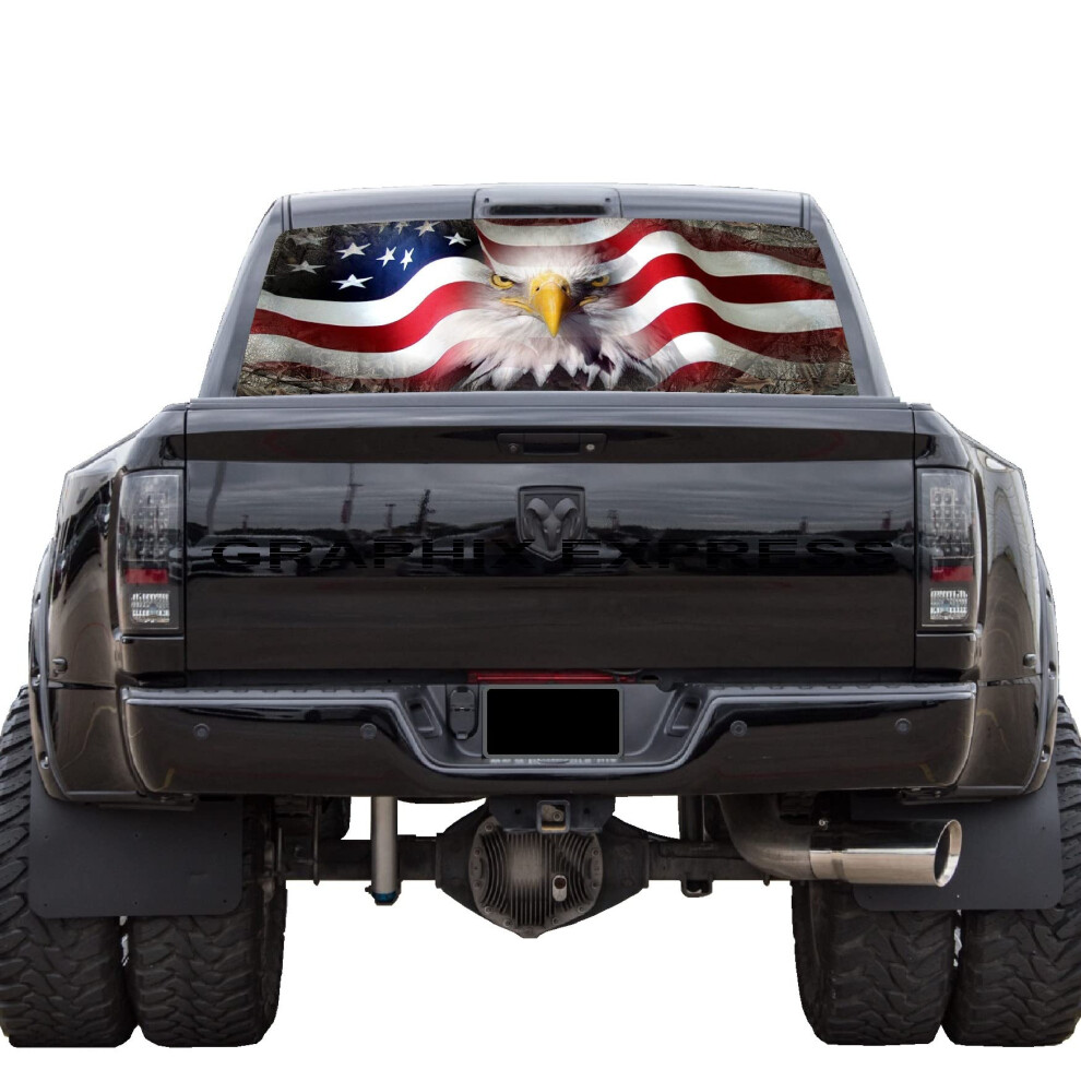 Graphix Express Truck Back Window Graphics - Bald Eagle American Flag Decal (P534) - Usa Flag With Eagle - Universal See Through Rear Window Vinyl Wr 715537416261