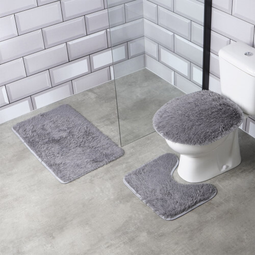 3er-Set weichgraue Badteppiche inkl. Toilettensitzbezug 1