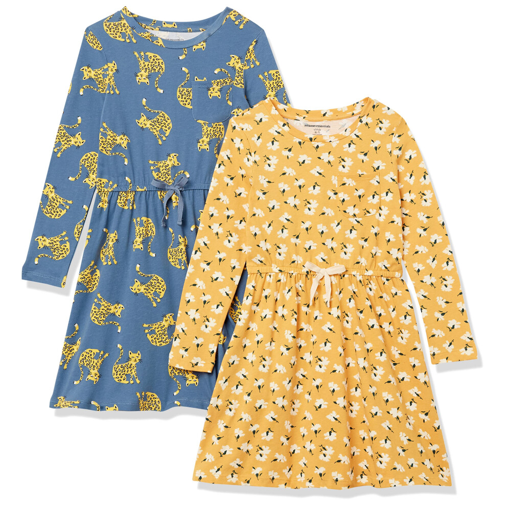 Amazon Essentials Toddler girls Long-Sleeve Elastic Waist T-Shirt Dress  Bluegold  catFloral  3T