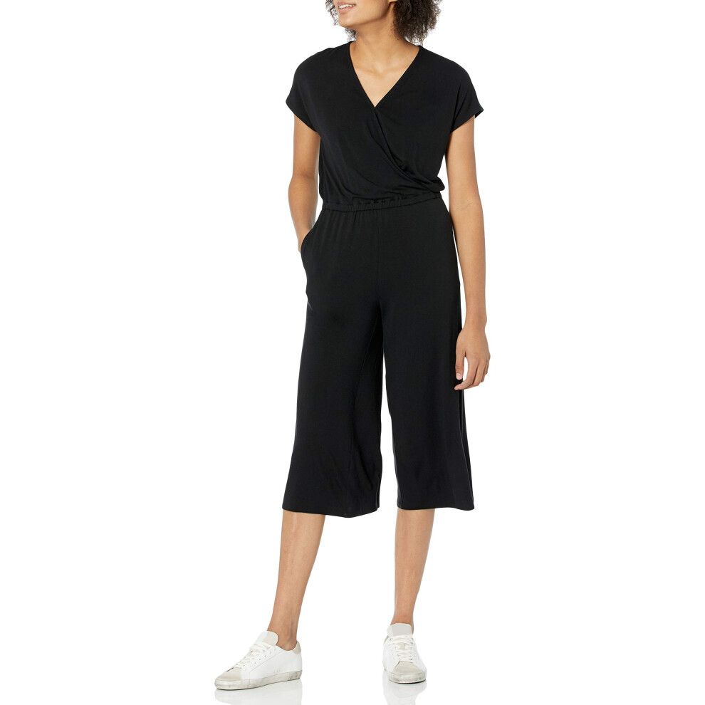 Amazon Essentials Womens Short-Sleeve Surplice cropped Wide-Leg Jumpsuit  Black  X-Large