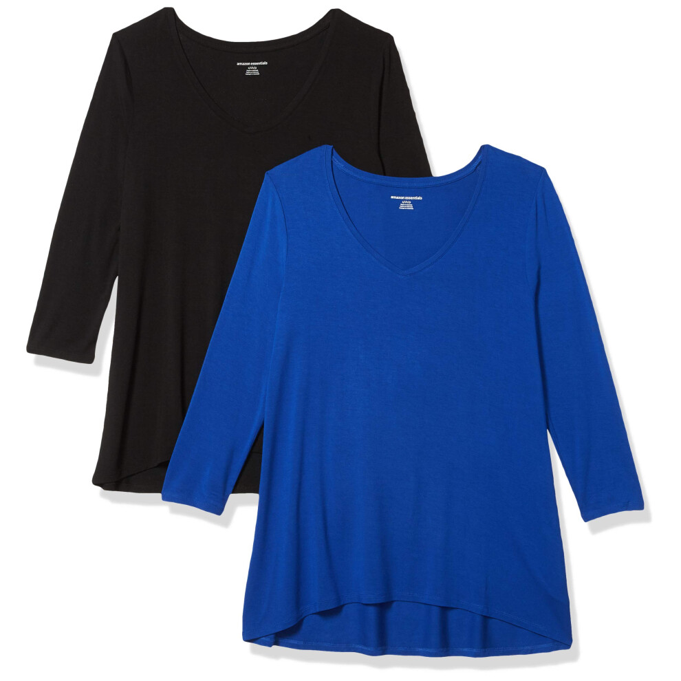 Amazon Essentials Womens 34 Sleeve V-Neck Swing T-Shirt (Available in Plus Size)  Pack of 2  BlackRoyal Blue  Medium