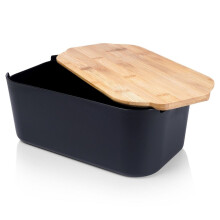 Schwarze Brotbox mit Bambus-Schneidebrett