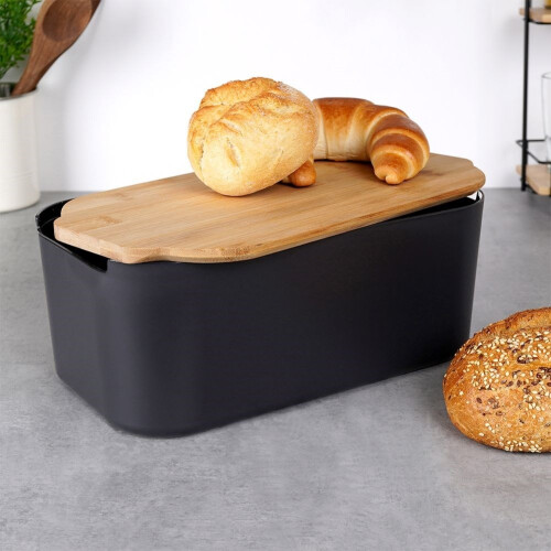 Schwarze Brotbox mit Bambus-Schneidebrett 1