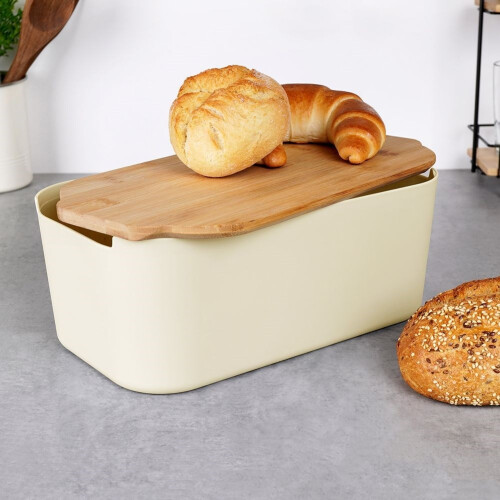 Geräumiger Brotkasten in Cremefarbe mit Bambus-Schneidebrett 1