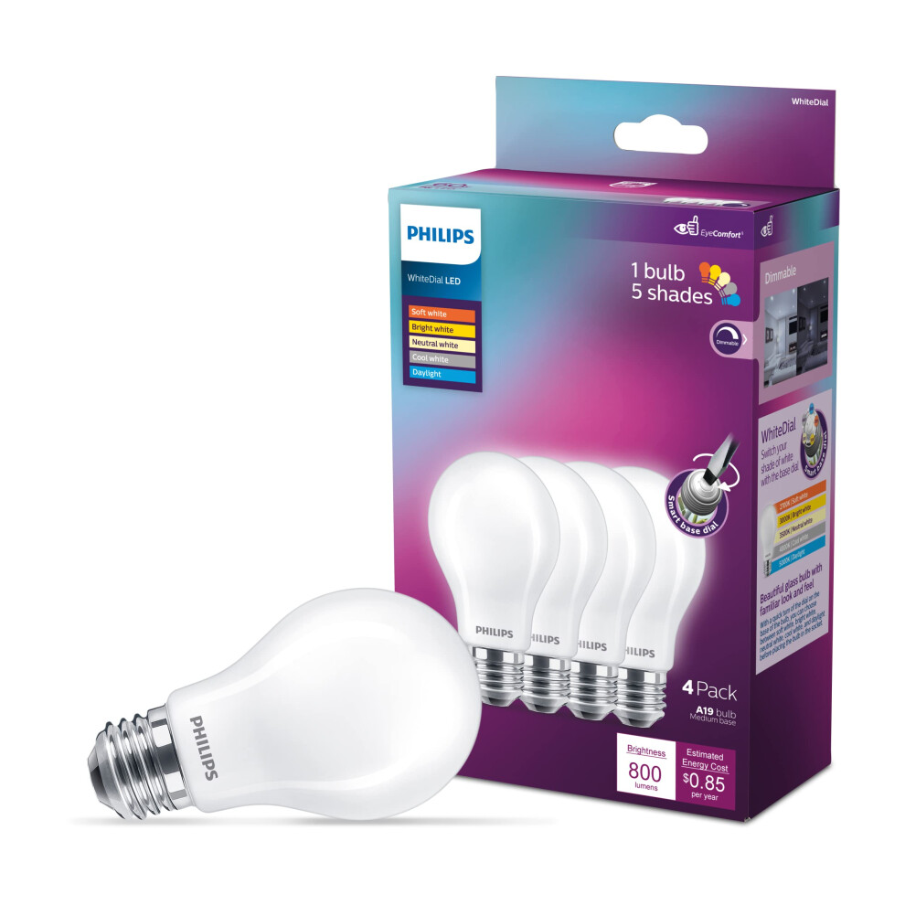 PHILIPS LED White Dial Flicker-Free Frosted A19  Dimmable  Eye comfort Technology  450 Lumen  5W40W  E26 Base  4PK (576306)