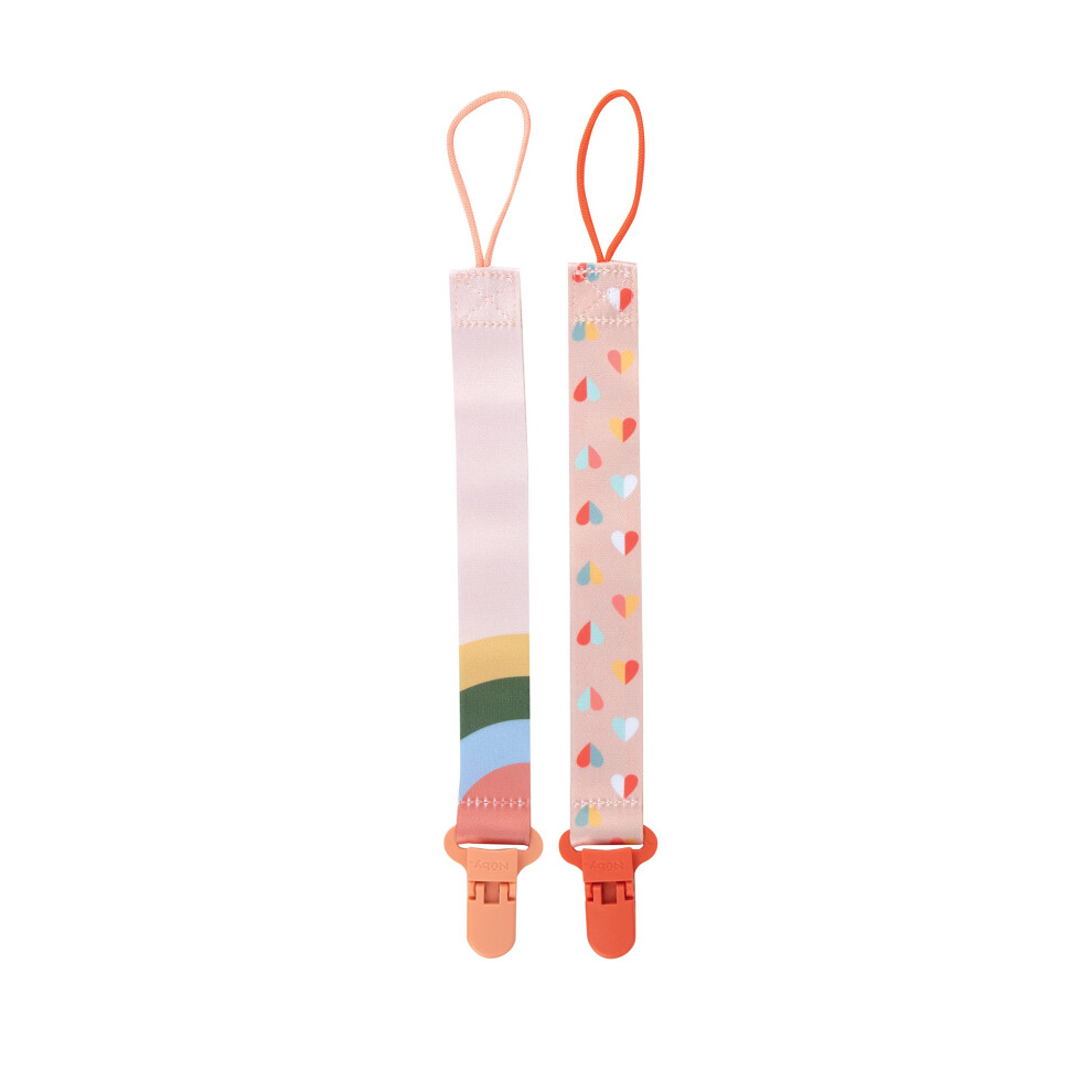 Nuby Pacifinder Pacifier clip  2 Pack Pacifier Holder for girl  Peach with Stripes and Peach with Hearts