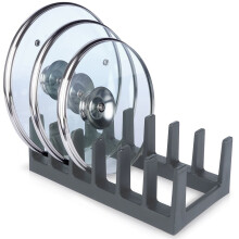Praktischer Organizer aus grauem Kunststoff für Teller und Deckel