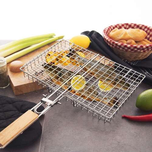 Universal-Grillkorb aus verchromtem Metall mit Holzgriff 1