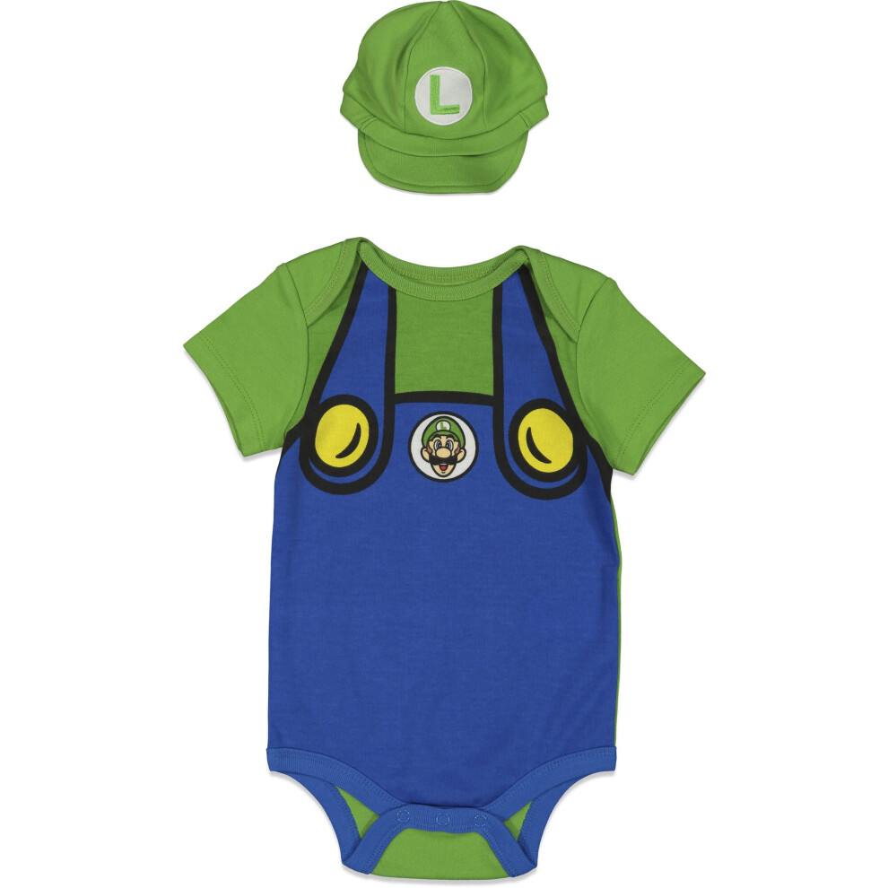 SUPER MARIO Nintendo Luigi Newborn Baby Boys Cosplay Bodysuit Hat Green 6-9 Months