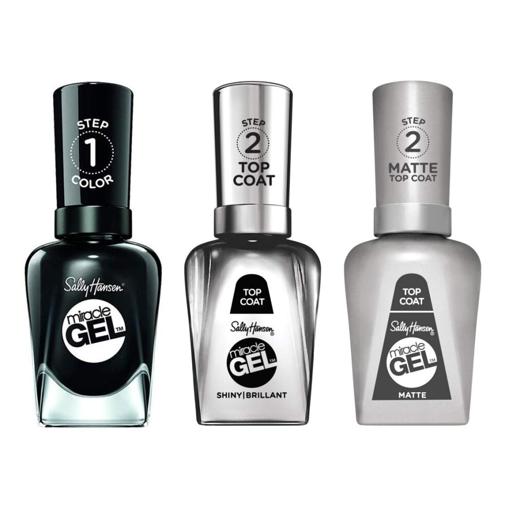 Sally Hansen Miracle Gel Nail Polish  Shade Onyx-pected #849 with Shiny Top Coat and Matte Top Coat Trio