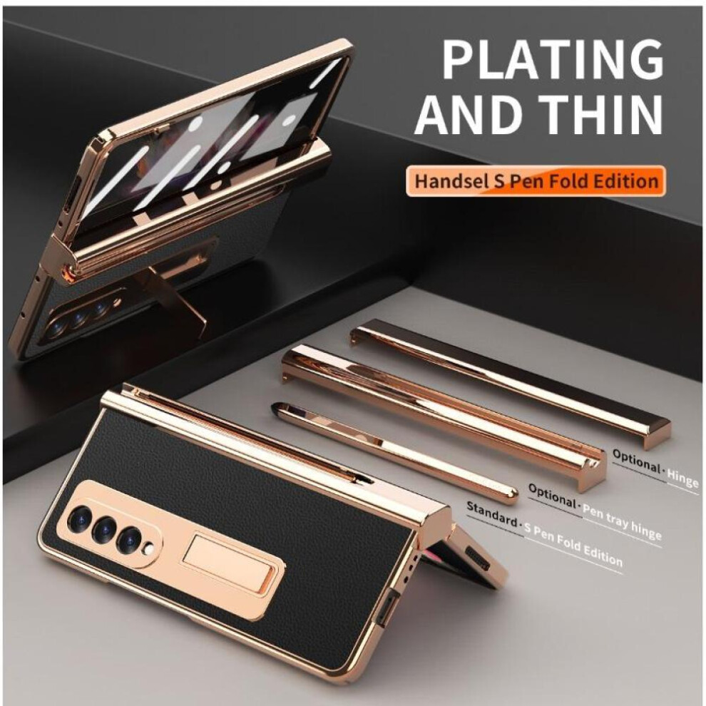 (black, For Samsung Fold 3) Plating Leather Case For Samsung Galaxy Z Fold 6 4 3 2 5 360 Full Protection Tempered Glass Kickstand Phone Cover