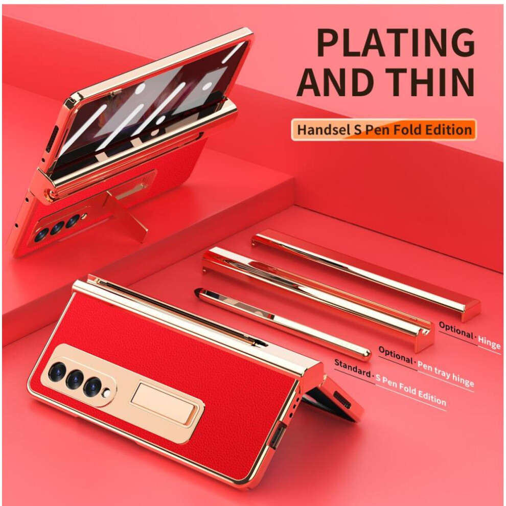 (red, For Samsung Fold 4) Plating Leather Case For Samsung Galaxy Z Fold 6 4 3 2 5 360 Full Protection Tempered Glass Kickstand Phone Cover