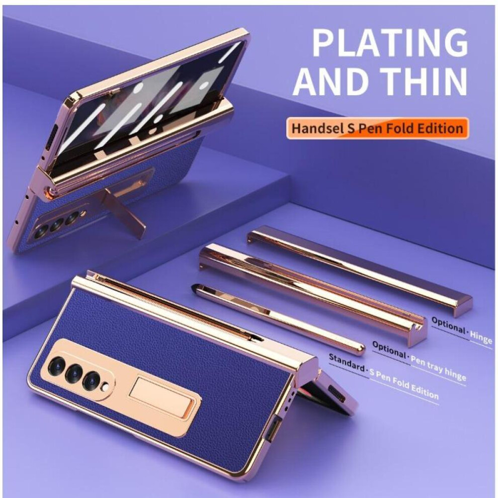 (blue, For Samsung Fold 5) Plating Leather Case For Samsung Galaxy Z Fold 6 4 3 2 5 360 Full Protection Tempered Glass Kickstand Phone Cover