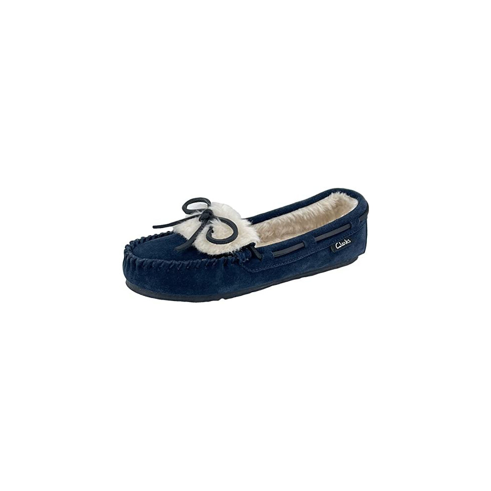 Clarks womens Holly Folded Tongue Moccasin Indoor Outdoor House Slippers  Navy Fur Vamp  8