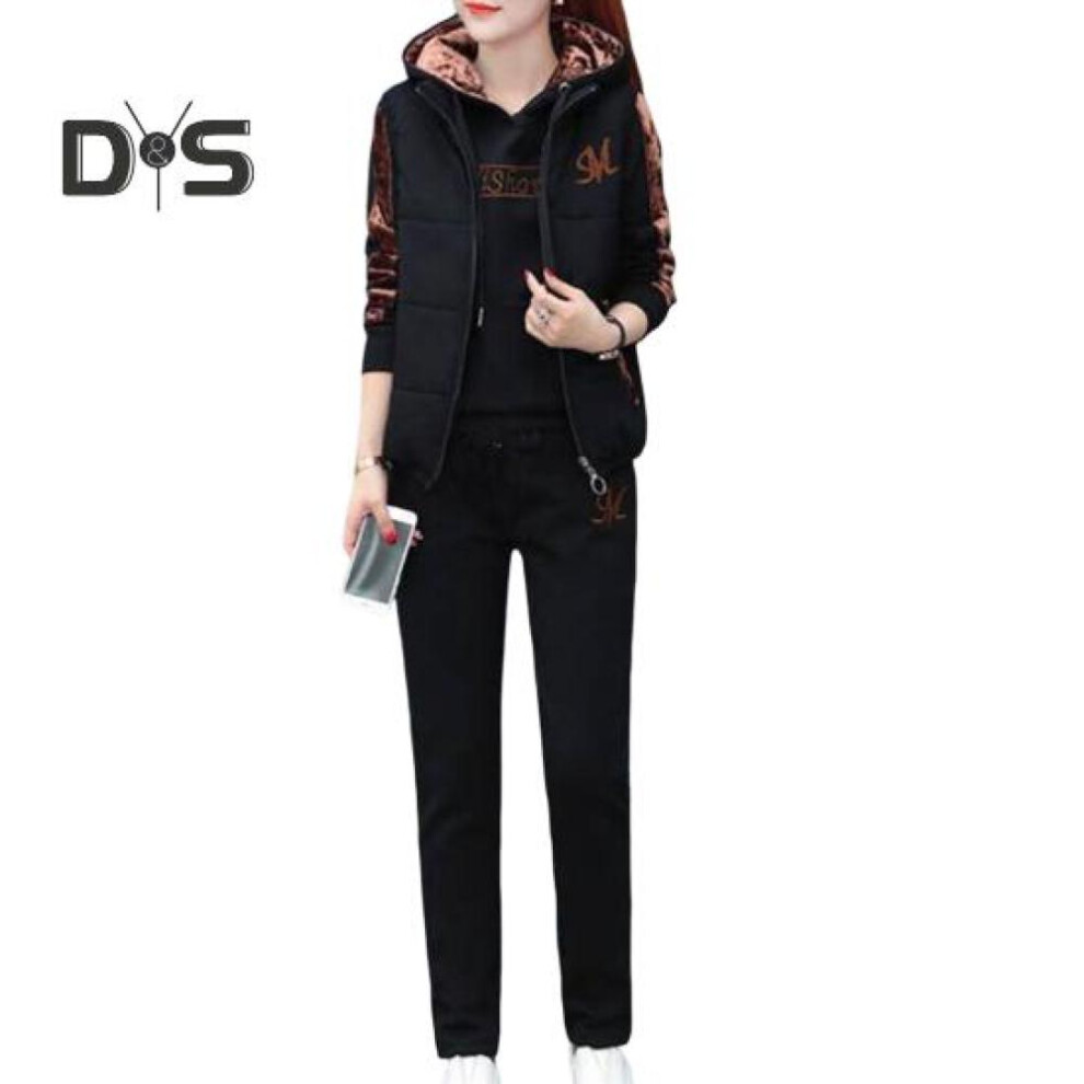 (black, XXL) 3pcs/set Patchwork Color Women Tracksuit Elastic Waist Fashion Letter Print Women Hoodie Jogging Pants Zipper Vest Suit