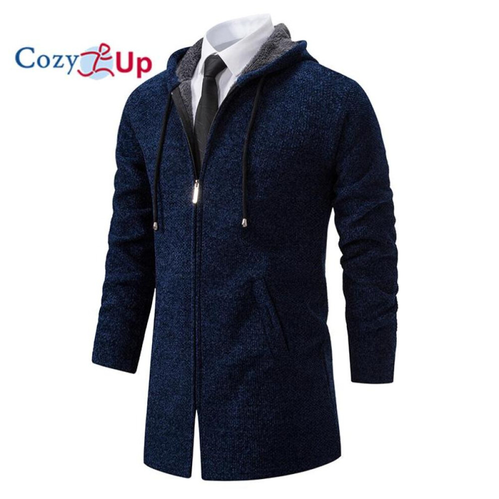 (blue, XXXL) Cozy Up Men Fleece Windbreaker Thick Long Trench Coat Solid Winter Cardigan Casual Hooded Plush Thick Warm Sweater  Male
