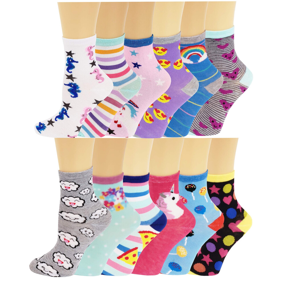 Lot de 12 paires de chaussettes courtes pour enfants, filles, colorées, créatives et amusantes (6-8 assorties)