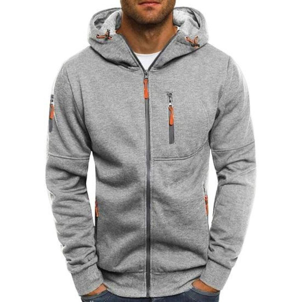 (light grey, M) Men Fall Winter Hoodie Loose Zip-up Long Sleeves Zipper Pockets Hooded Cardigan Thin Pure Color Daily Wear Casual Coat