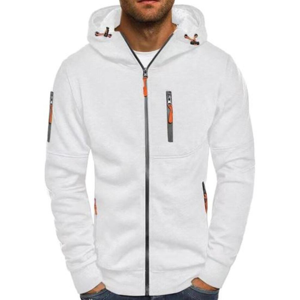 (white, M) Men Fall Winter Hoodie Loose Zip-up Long Sleeves Zipper Pockets Hooded Cardigan Thin Pure Color Daily Wear Casual Coat