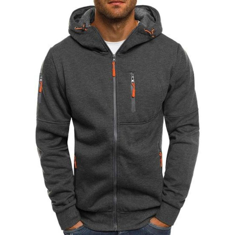 (grey, L) Men Fall Winter Hoodie Loose Zip-up Long Sleeves Zipper Pockets Hooded Cardigan Thin Pure Color Daily Wear Casual Coat