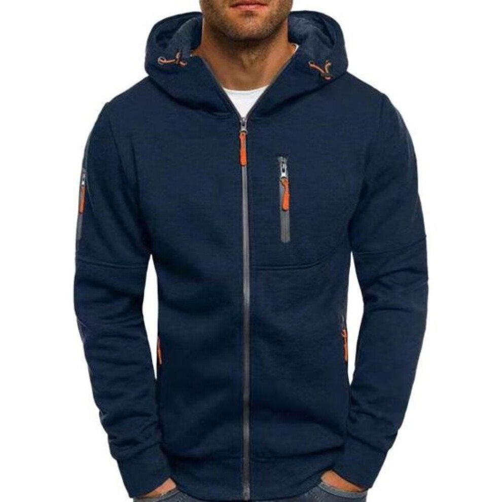 (navy blue, XXL) Men Fall Winter Hoodie Loose Zip-up Long Sleeves Zipper Pockets Hooded Cardigan Thin Pure Color Daily Wear Casual Coat