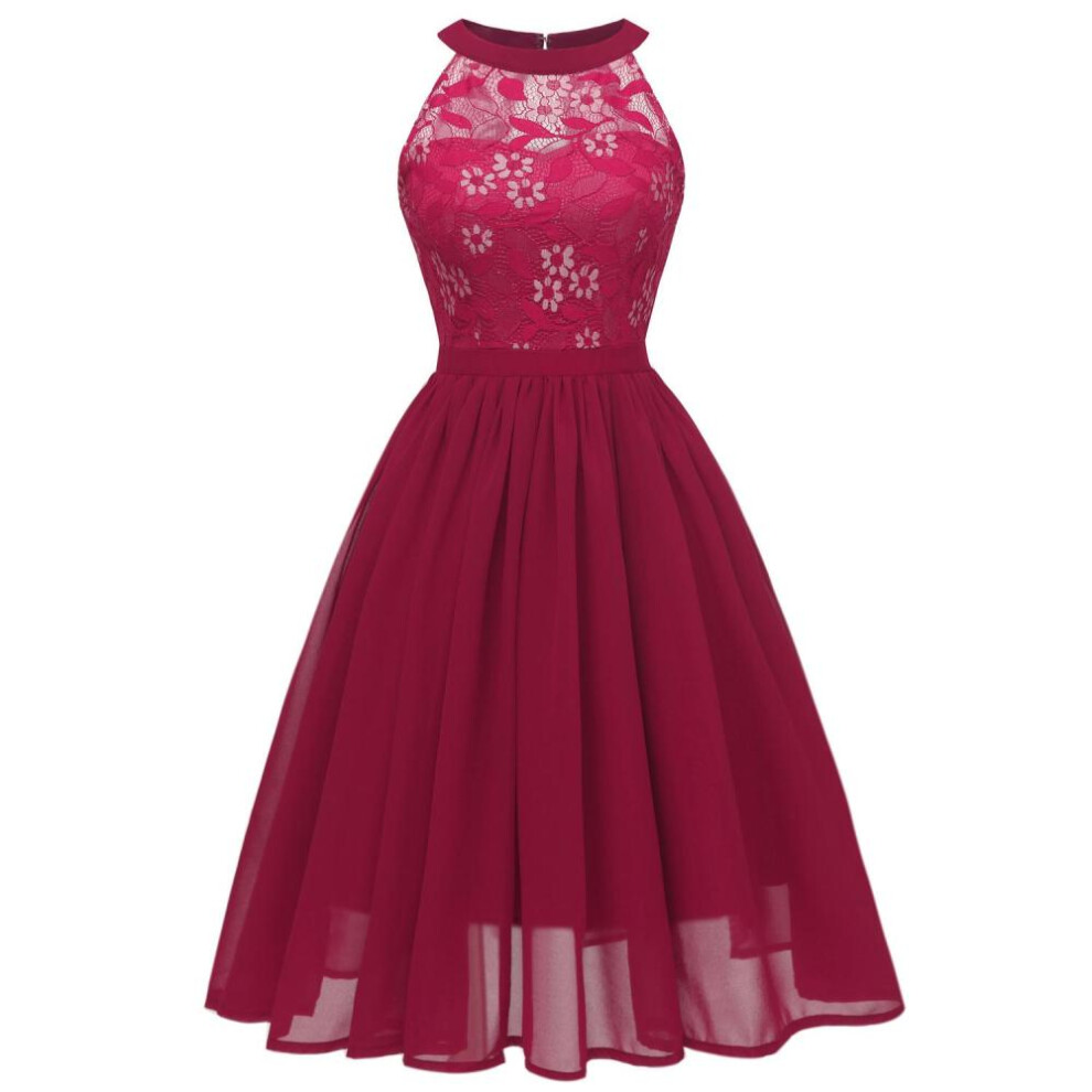 (burgundy, L) Women's Floral Crochet Lace Bodice Chiffon Midi Prom Dress For Bridesmaid Party Evening Cocktail Celebrity