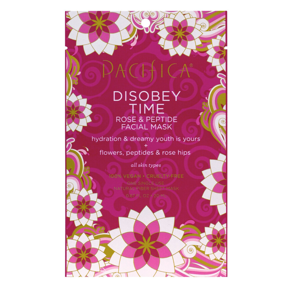 Pacifica Beauty Disobey Time Peptide Hydrating Facial Sheet Mask  For All Skin Types  1 Count  Hyaluronic Acid  Rose + Peptides  100% Cotton Mask  Moi