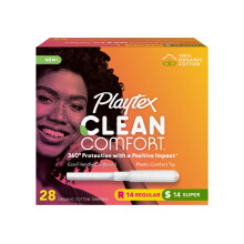 Playtex Clean Comfort Organic Cotton Tampons, Multipack (14ct Regular/14ct Super Absorbency), Fragrance-Free, Organic Cotton - 28ct