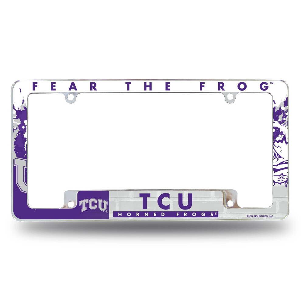 Rico Industries Ncaa Tcu Horned Frogs Primary 12" X 6" Chrome All Over Automotive License Plate Frame For Car/Truck/Suv 611407423615