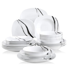 VEWEET Series Teresa 24-Piece Ivory White Porcelain ceramic Dinnerware Set Ink and Line Patterns Square Kitchen Sets with Dinner Plate Soup Plate