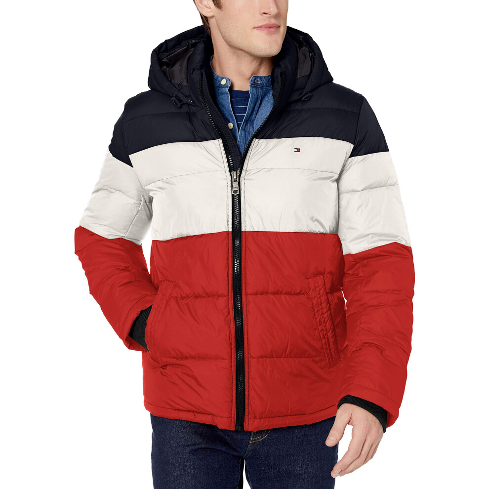 Tommy Hilfiger Mens Hooded Puffer Jacket  MidnighticeOrange color Block  XX-Large