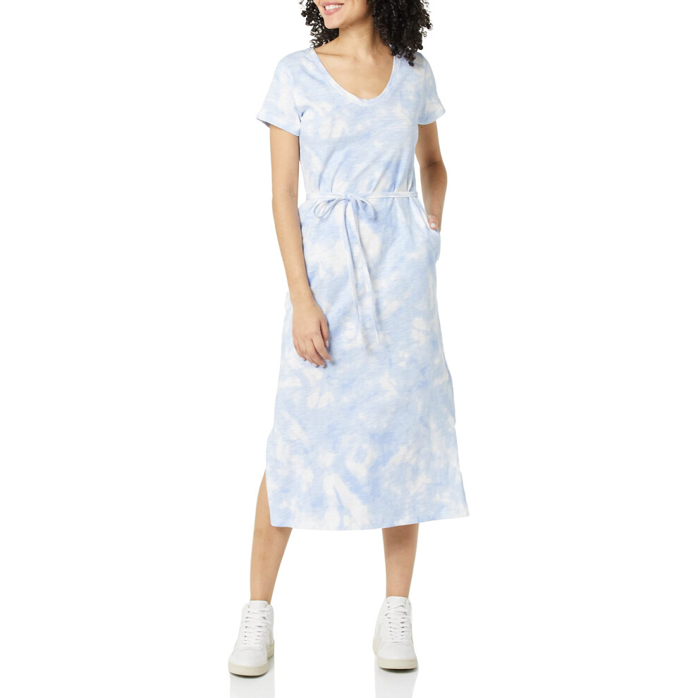 Amazon Essentials Womens Short Sleeve Belted Midi T-Shirt Dress  Blue  Tie Dye  X-Small