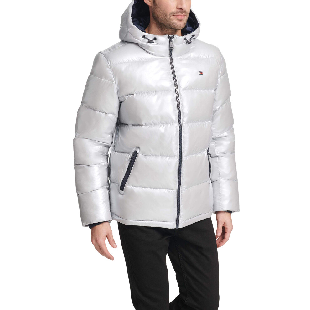 Tommy Hilfiger Mens Hooded Puffer Jacket  Pearlized grey  Medium