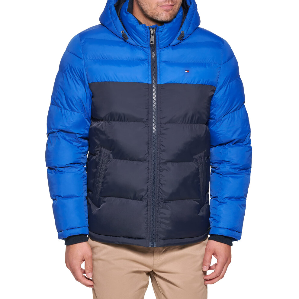 Tommy Hilfiger mens Hooded Puffer Jacket Down Alternative Outerwear coat  Royal Blue colorblock  3X-Large US