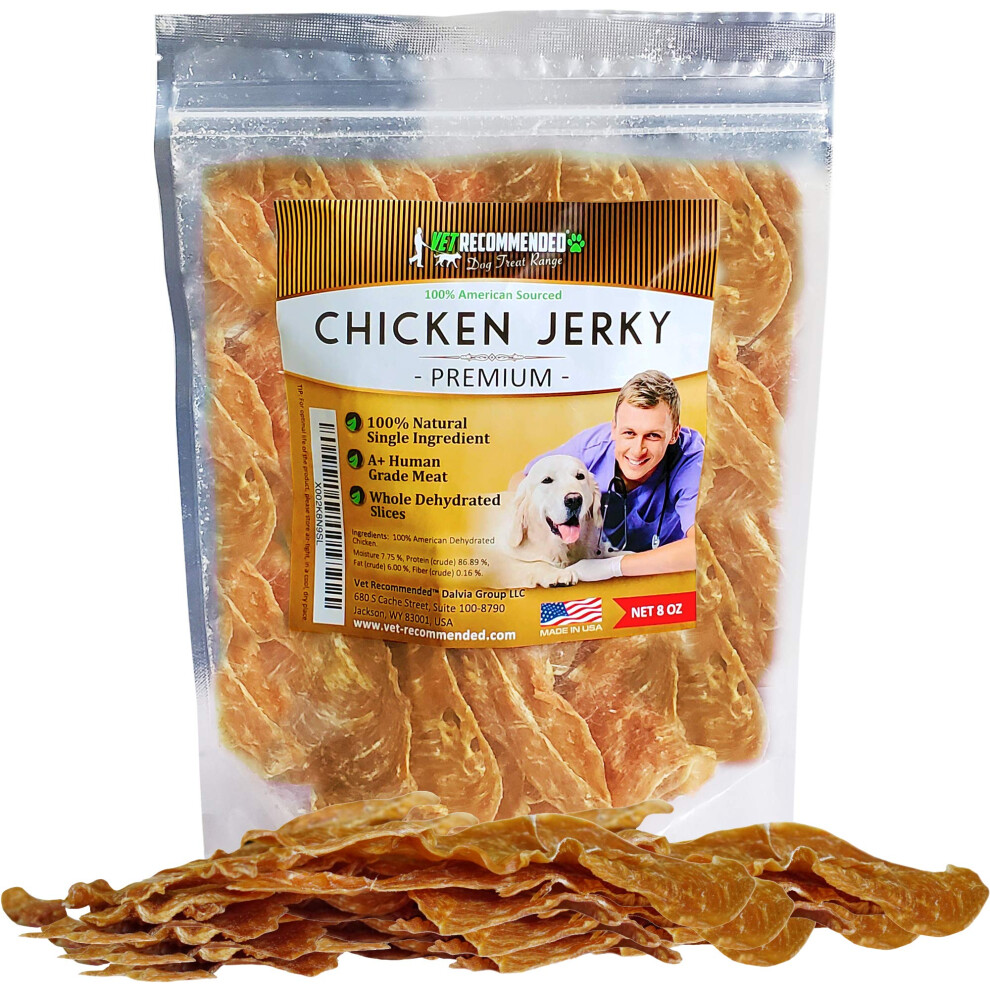 Vet Recommended Premium Chicken Jerky for Dogs - Giant 8oz Bag | All Natural Dog Treats - Single Ingredient - No Fillers or Preservatives - Whole Dehy